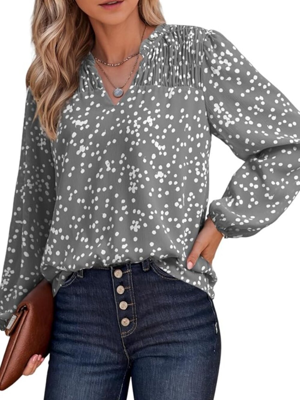 Dokotoo Women's Casual V Neck Alicia Floral Smocked Long Sleeve Chiffon Top - L